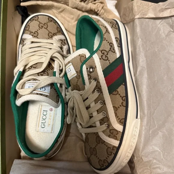 Gucci | Shoes | Womens Gucci Tennis Beige And Green Sneakers  display picture 2